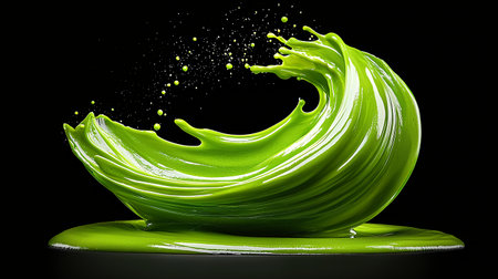 Vibrant green wave splash against a dark background.の素材