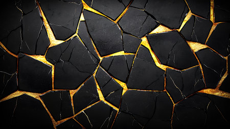Cracked black surface with golden highlights and intricate details.の素材