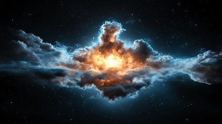 Cosmic clouds illuminated by a bright center in a starry sky.の素材