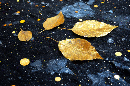 Dried leaves on a textured black surface with golden dots.の素材