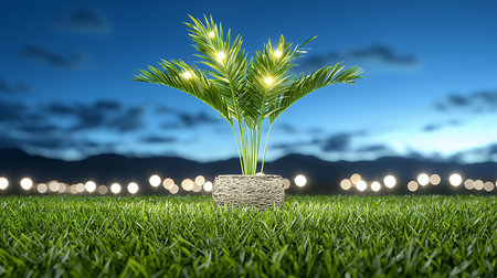 Glowing palm tree at twilight in a grassy field.の素材
