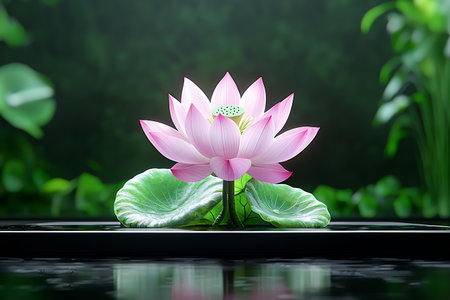 A beautiful pink lotus flower on a serene water surface.の素材