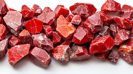 Red mineral stones scattered on a surface.の素材