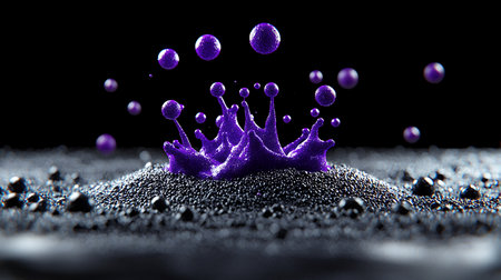Vibrant purple liquid splash on a textured surface.の素材