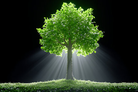 A glowing tree surrounded by rays of light in a dark setting.の素材