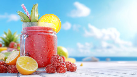 Refreshing fruit jar with lemon slices and colorful fruits in a sunny setting.の素材