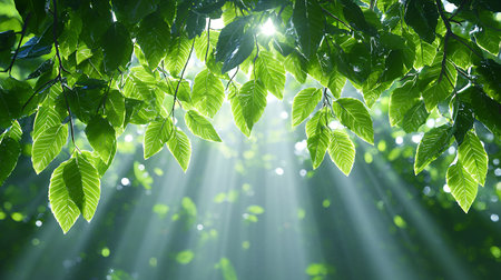 Sunlight filtering through lush green leaves in a forest.の素材