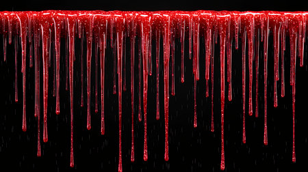Dripping red liquid against a black background creates a dramatic effect.の素材