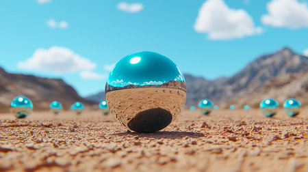 Reflective spheres on a textured surface against a scenic backdrop.の素材