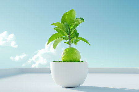 A plant growing from a rounded green base in a white pot.の素材