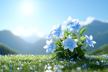 Bright blue flowers in a sunny landscape with mountains in the background.の素材