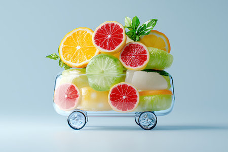 Colorful fruits arranged in a cart on a blue background.の素材