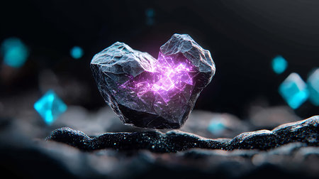 Heart-shaped crystal sparkles on a dark background.の素材