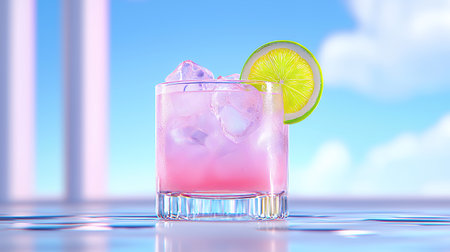 Refreshing cocktail with ice and lime slice against a bright backdrop.の素材