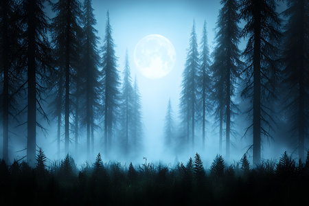 Mysterious moonlit forest with tall trees and foggy atmosphere.の素材