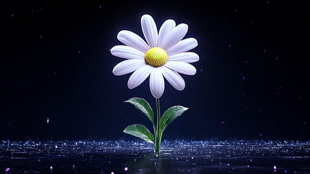 A glowing daisy flower shines amidst a dark, shimmering background.の素材