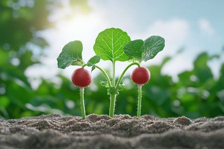 Fresh radish plants growing in rich soil under sunlight.の素材