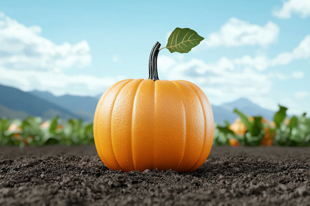 Bright orange pumpkin in a field under a blue sky.の素材