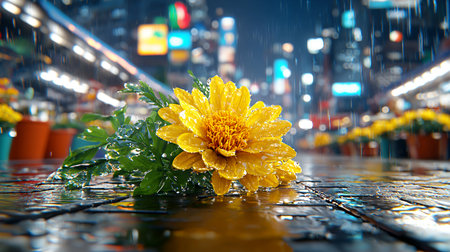A vibrant flower in the rain against a blurred city backdrop.の素材