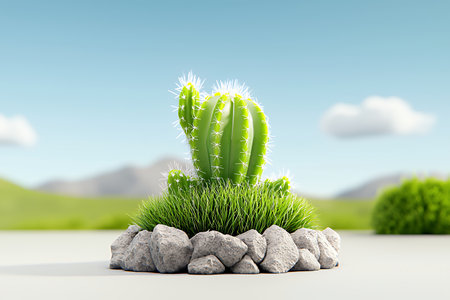 Vibrant cactus surrounded by rocks against a clear blue sky.の素材