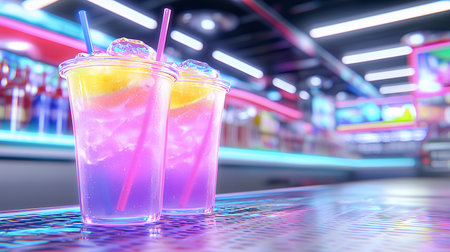 Vibrant cocktails on a bar with colorful neon lights in the background.の素材