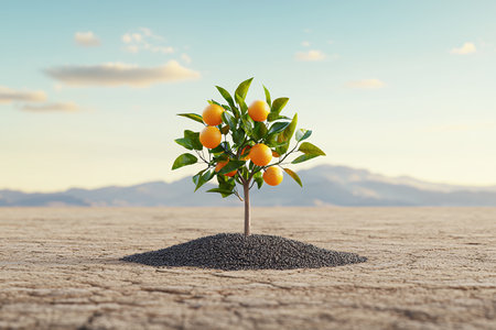 A small orange tree thrives in a dry, barren landscape.の素材