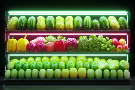 Vibrant display of fresh fruits and vegetables on shelves.の素材
