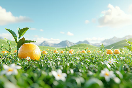 Vibrant landscape with oranges and flowers under a clear sky.の素材