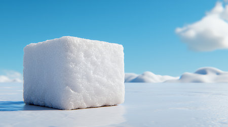 A cube of snow on a frozen landscape under a clear sky.の素材