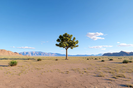 Lone tree against a vast, clear sky in a desert landscape.の素材