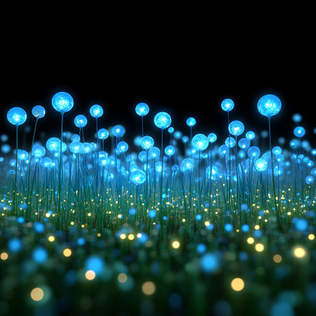 Glowing blue flowers in a dark, enchanting landscape.の素材