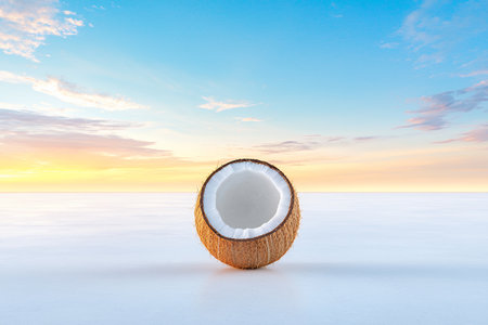 Coconut on a serene beach at sunset.の素材