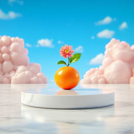 A flower grows from an orange on a pedestal against a blue sky.の素材