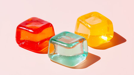 Colorful ice cubes on a light background, showcasing transparency and texture.の素材