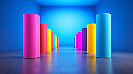 Colorful cylindrical shapes in a vibrant blue room create a striking visual.の素材