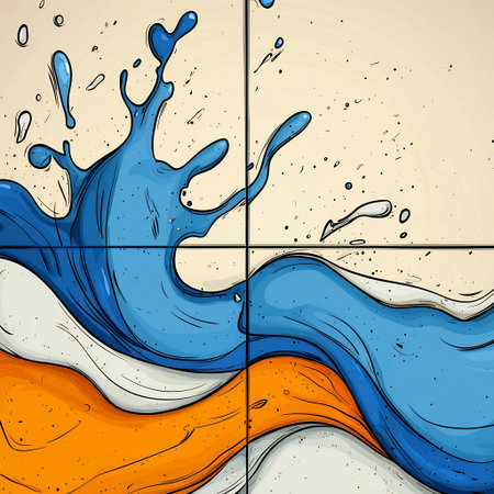 Vibrant abstract wave design with splashes of blue and orange.の素材