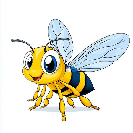Happy cartoon bee with big eyes and colorful wings.の素材