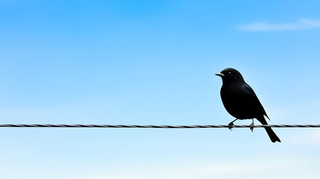 A black bird perched on a wire against a blue sky.の素材