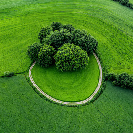 Aerial view of a circular grove in lush green fields.の素材