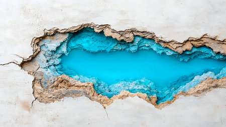 Cracked surface revealing vibrant blue water below.の素材