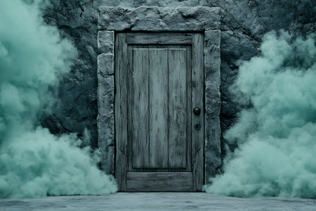 Mysterious door surrounded by swirling green smoke.の素材
