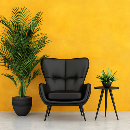 Modern chair with plants against a vibrant yellow wall.の素材