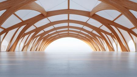 Modern architectural design with wooden arches and spacious interior.の素材