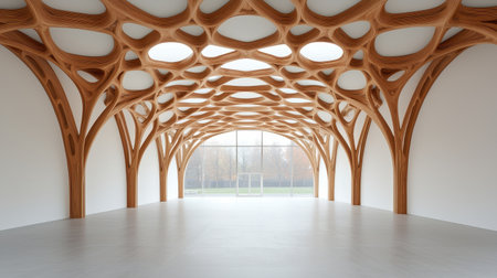 Modern architectural interior with unique wooden structure and large windows.の素材