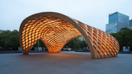 Modern architectural structure with a unique design and glowing interior.の素材