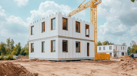 Construction site with modular building and crane under a cloudy sky.の素材