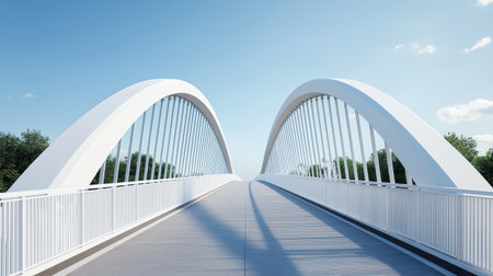 Modern bridge with arched design against a clear blue sky.の素材