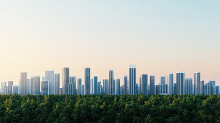 Urban skyline above a green landscape under a pastel sky.の素材