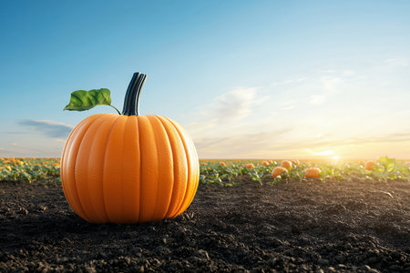 Lone pumpkin in a field at sunset with a clear sky.の素材