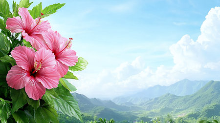 Vibrant hibiscus flowers with a scenic mountain backdrop.の素材